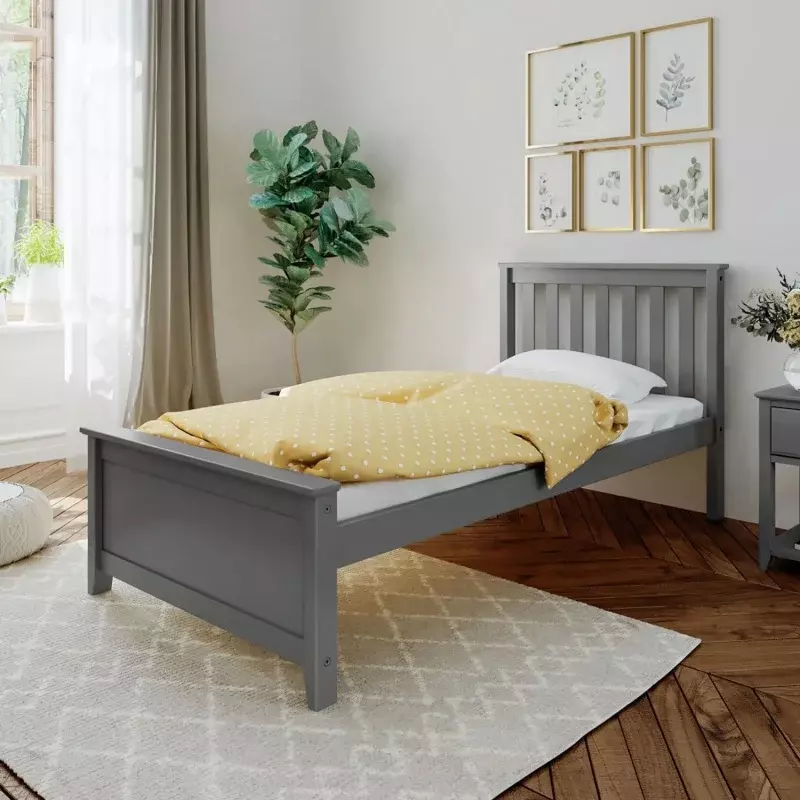 Max & Lily Twin Bed Frame dengan Slatted Headboard, tempat tidur Platform kayu Solid untuk anak-anak, tanpa kotak pegas diperlukan, perakitan mudah, Gre