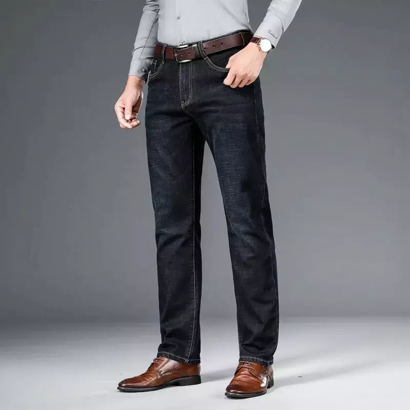 Jeans Denim lurus regang pria, Jeans bisnis kasual pemuda gaya klasik, lencana musim gugur 2024