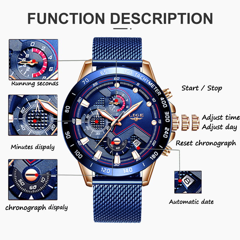 LIGE – montre-bracelet de sport pour hommes, marque de luxe, originale, en acier, Quartz, étanche, à la mode