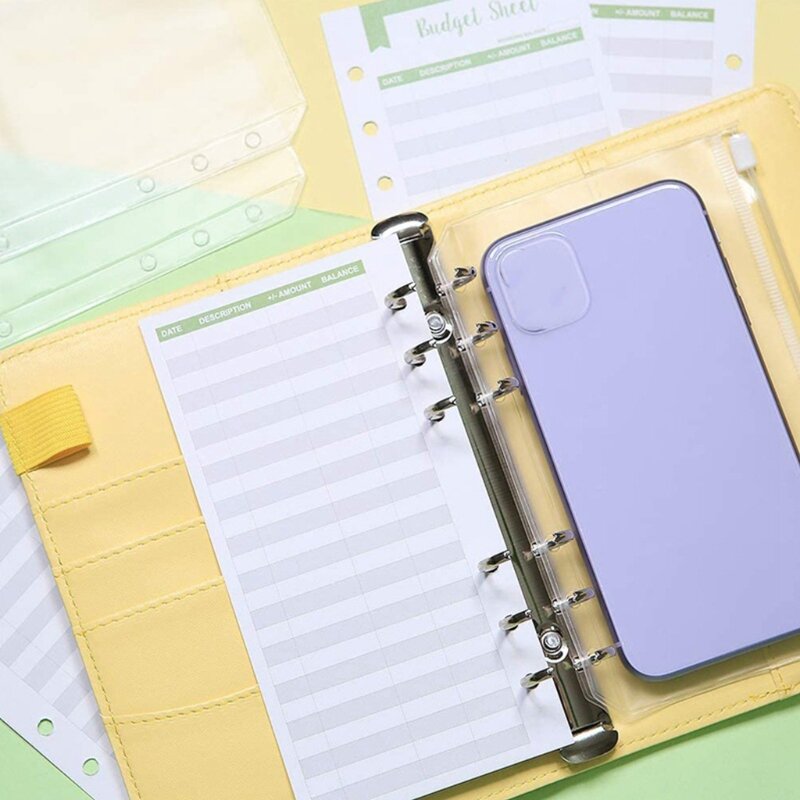 Y1ub fichário para notebook contém 1 fichário, 8 sacos transparentes com zíper e 12 folhas orçamento, 6 cores, 2 folhas