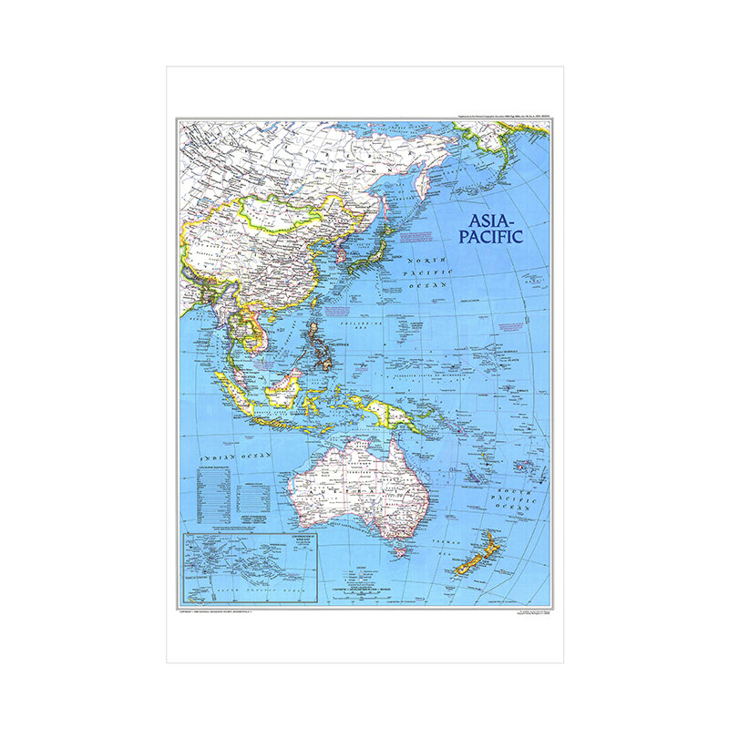 Pintura de vinilo de lona fina de tamaño A2, arte de pared impreso en HD, mapa de Asia y el Pacífico, edición 1989, decoración de pared para el hogar y la sala de estar
