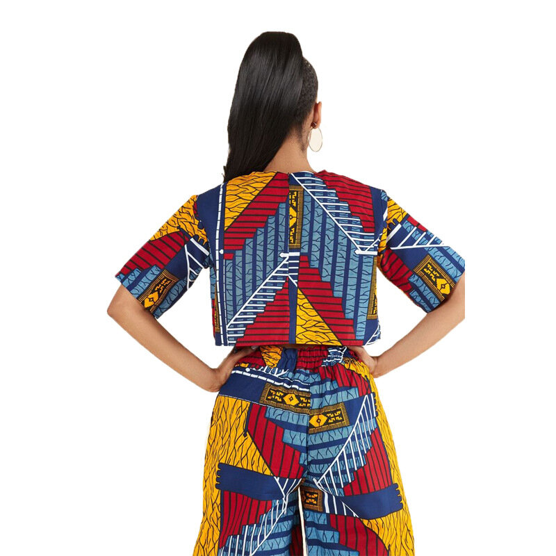 Conjunto de ropa de dos piezas para mujer, Top y pantalón con estampado de Ankara, traje africano de manga corta, traje de pierna ancha de 2 piezas