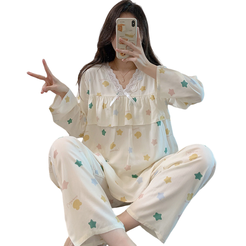 Long Sleeve Pant Two-piece Suit Spring Thin Pajamas V-Neck Lace Cotton Silk Nightgown Sweet Print Home Fury Clothing for Women