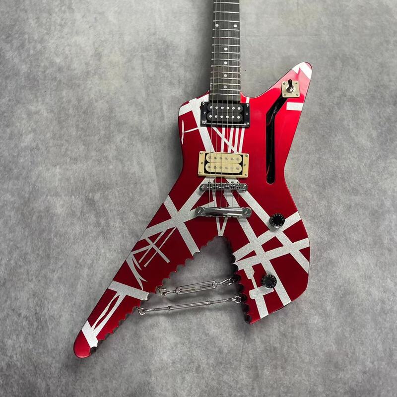 Guitarra Eléctrica con 6 cuerdas, cuerpo rojo de metal y rayas plateadas, diapasón de madera rosa, pista de madera de Arce, imagen real de fábrica