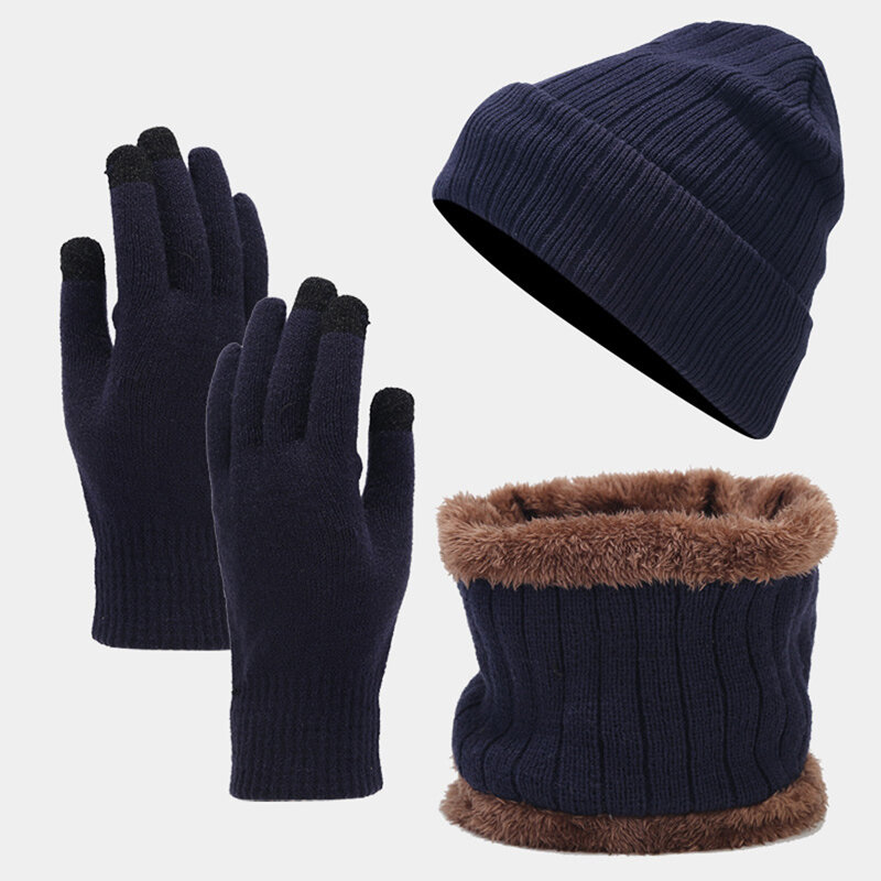Mannen En Vrouwen Pluche Gebreide Muts En Sjaal Set Winter Dikke En Warme Casual Beanie + Faux Bont Patchwork Sjaal + Handschoenen