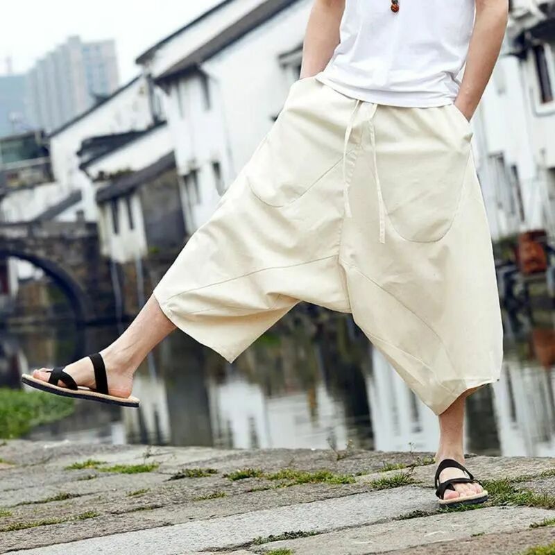 Japanese Style Wide Leg Silid Men Pants Kung Fu Large Size Baggy Yoga Drop Crotch Streetwear Harem Men Trousers