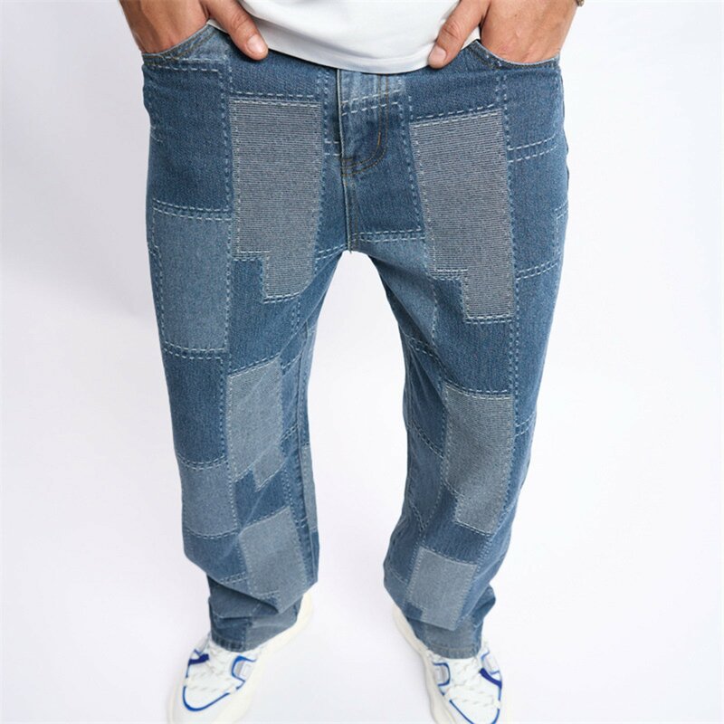 Jeans Baggy azul profundo dos homens, calças largas, bloco de cores, costura, solto, Hip Hop, calças jeans retas, streetwear elegante masculino