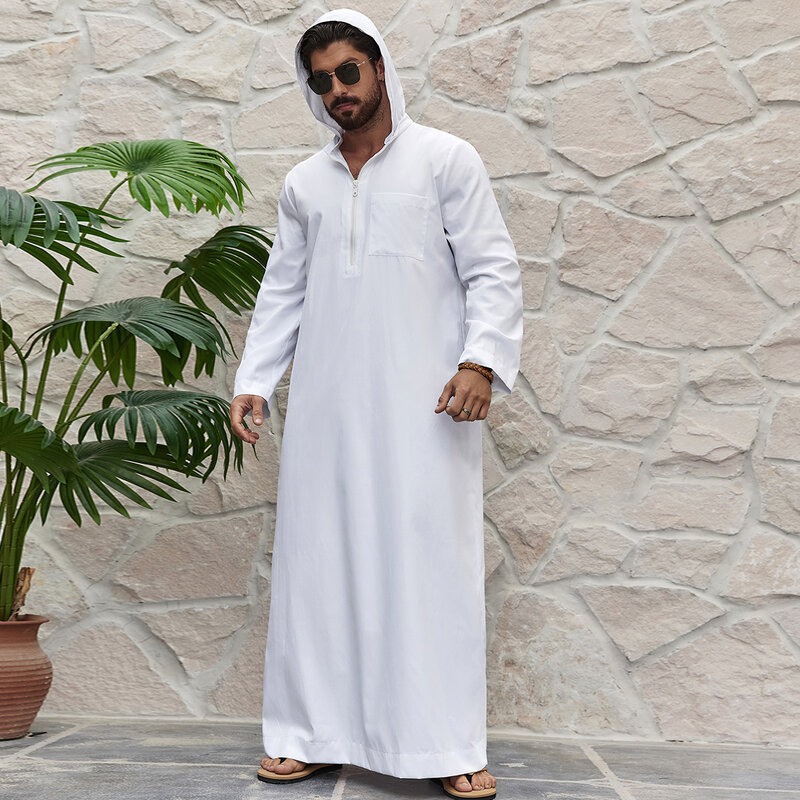 Ramadan Men's Solid Hooded Muslim Thobe, Islamic Long Gown Shirt Robe, Middle Eastern Fashion Abaya Muslim Men Clothing