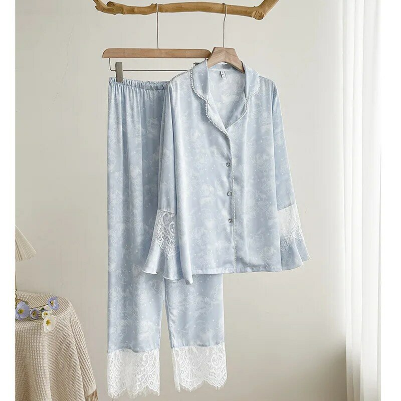Кружевная Лоскутная Пижама, шелковые Атласные Рубашки с длинным рукавом, домашняя одежда, повседневная одежда для сна с принтом, женское интимное белье, домашняя одежда