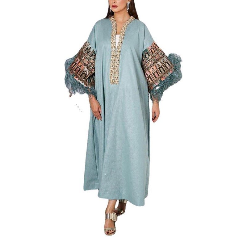 Robe Maxi à Manches sulfet Col en V pour Femme Musulmane, Kaftan, Dubaï, Abaya, Arabe, 2023