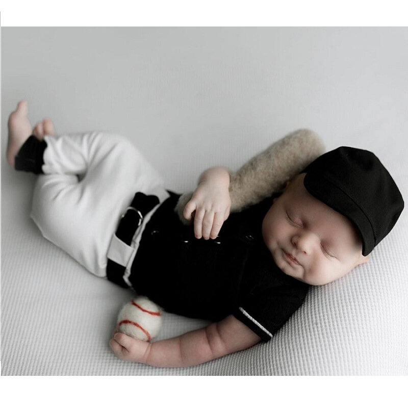 Alat peraga fotografi bayi, Jumpsuit Set topi bisbol Studio bayi aksesoris foto pakaian