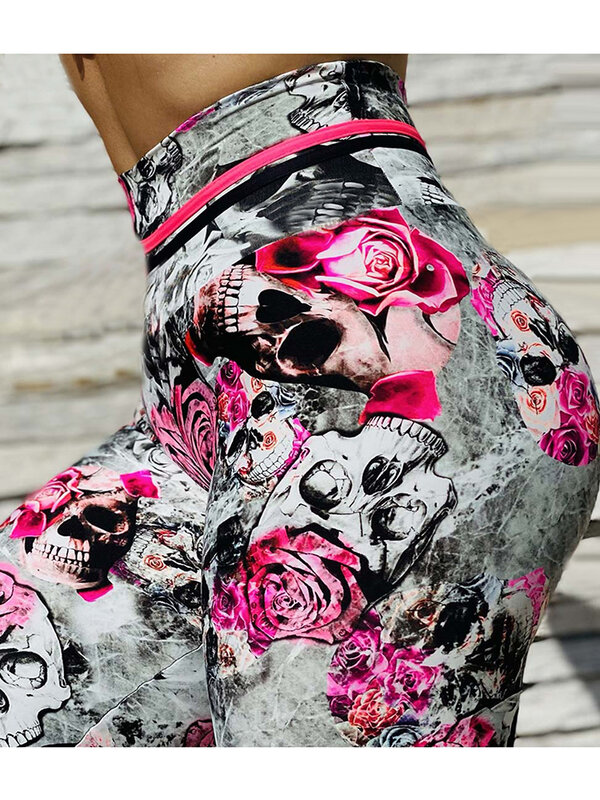 Seksowna damska legginsy sportowe Fitness joga róża nadrukowana czaszka do biegania rozciągliwa odzież sportowa siłownia Leggins Slim ćwiczenia spodnie
