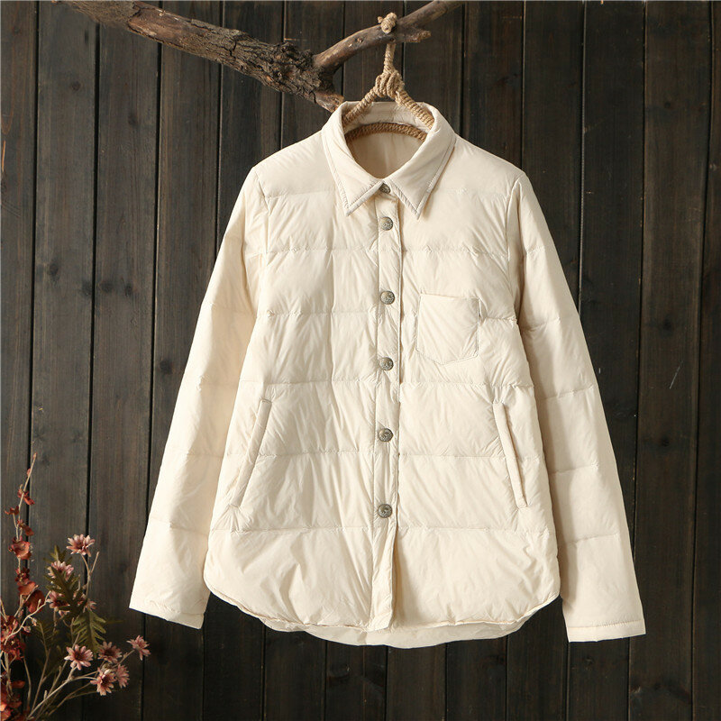 Повседневная рубашка в стиле ретро, пуховик, Осень-зима 2023, женская тонкая куртка из белого утиного пуха, парки, женские короткие теплые пуховики, верхняя одежда