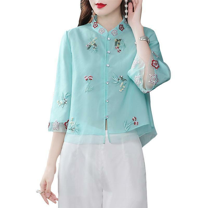 2022 Blouse Women Green Pink Chinese Blouse Ethnic Embroidery Vintage Blouse Oversize Long Sleeve Ladies Casual Tang Suit Tops