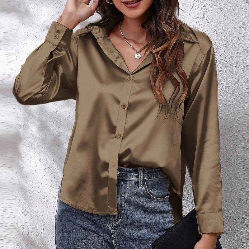 Women's Satin Imitation Silk Shirt Fashion Button Turn-down Collar Long Sleeved Vintage Blouse Solid Color Loose Casual Tops
