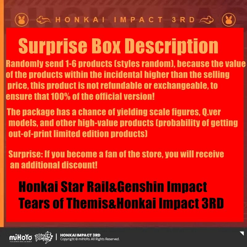 Genshin Impact & Honkai Impact 3RD & Honkai Star Rail & Tears of Themis 11,11 Caja de regalo, Elysia Klee Luke Seele