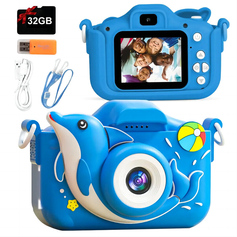 어린이 디지털 카메라 만화 장난감, 실리콘 케이스 포함, 크리스마스 생일 선물, 1080P HD, 32GB