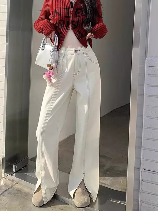 High Waist Solid Color Loose Casual woman Jeans New Fashion Split women Jeans Off White Street Simple Basic Straight leg Pants