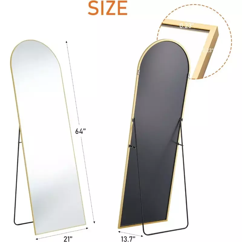 64 "x 21" łukowe lustro podłogowe o pełnej długości lustro, oprawki ze stopu wisząca/stojąca lub oparte o ścianę, złote