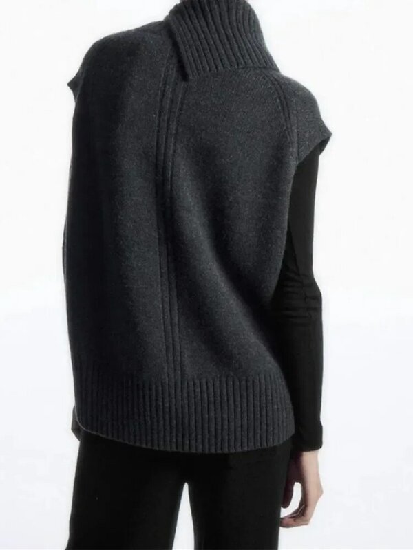 Suéter de malha de gola alta monocromático feminino, colete solto, pulôver sem mangas, simples, casual, outono, inverno
