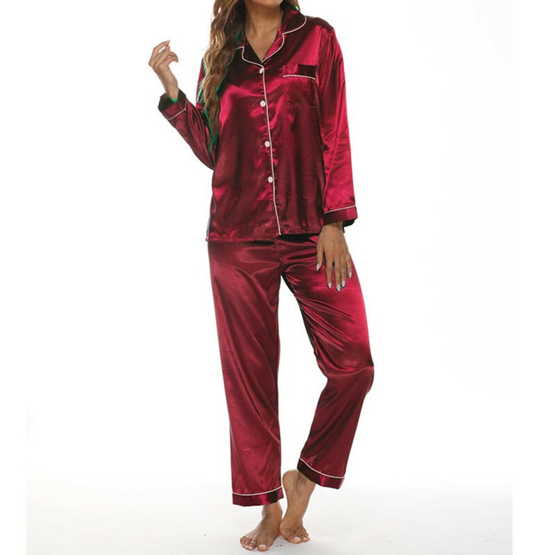 女性用サテンのシンプルなパジャマセット,柔らかく快適なラペルシャツ,長いナイトウェア,純粋な色,2個