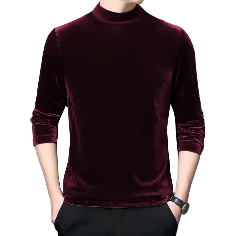 Camiseta de terciopelo de medio cuello de tortuga para hombre, jersey de manga larga de Color sólido, camisa delgada, Tops, ropa de moda