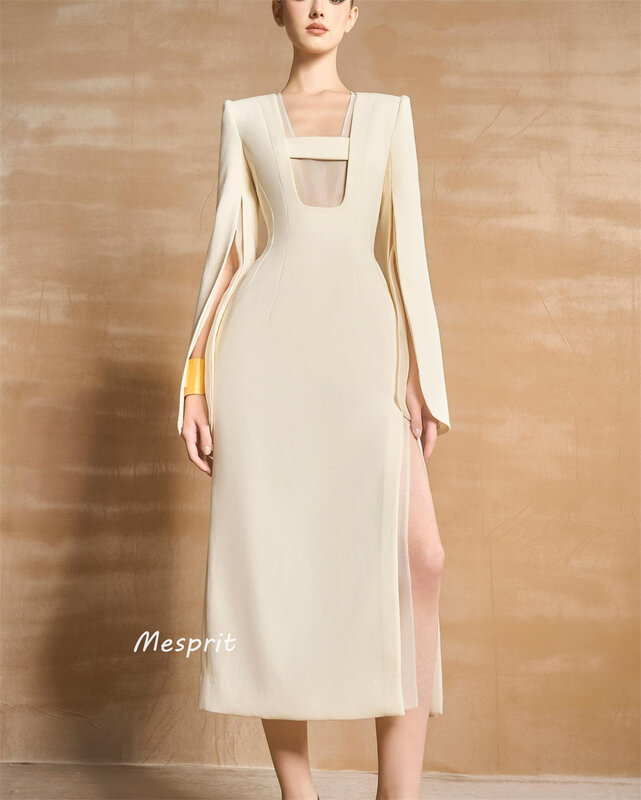  Evening Saudi Arabia Jersey Draped Pleat Cocktail Party A-line Square Collar Bespoke Occasion Gown Midi Dresses