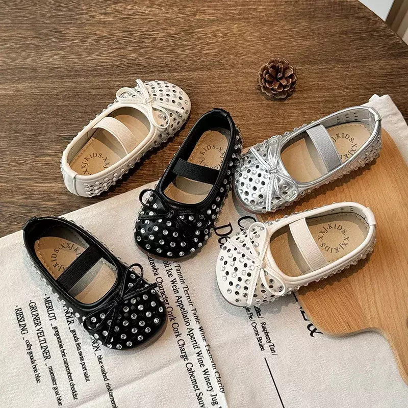 Children Sandals for Girls 2024 Summer New Cut-outs with Rhinestone Bowtie Fashion Breathable Soft Sole Princess Leather Shoes