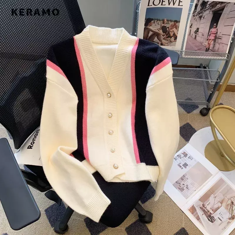 2023 Winter lässig Büro Dame Stricken Langarm Cardigans Damenmode V-Ausschnitt Patchwork elegante Pullover lose Top