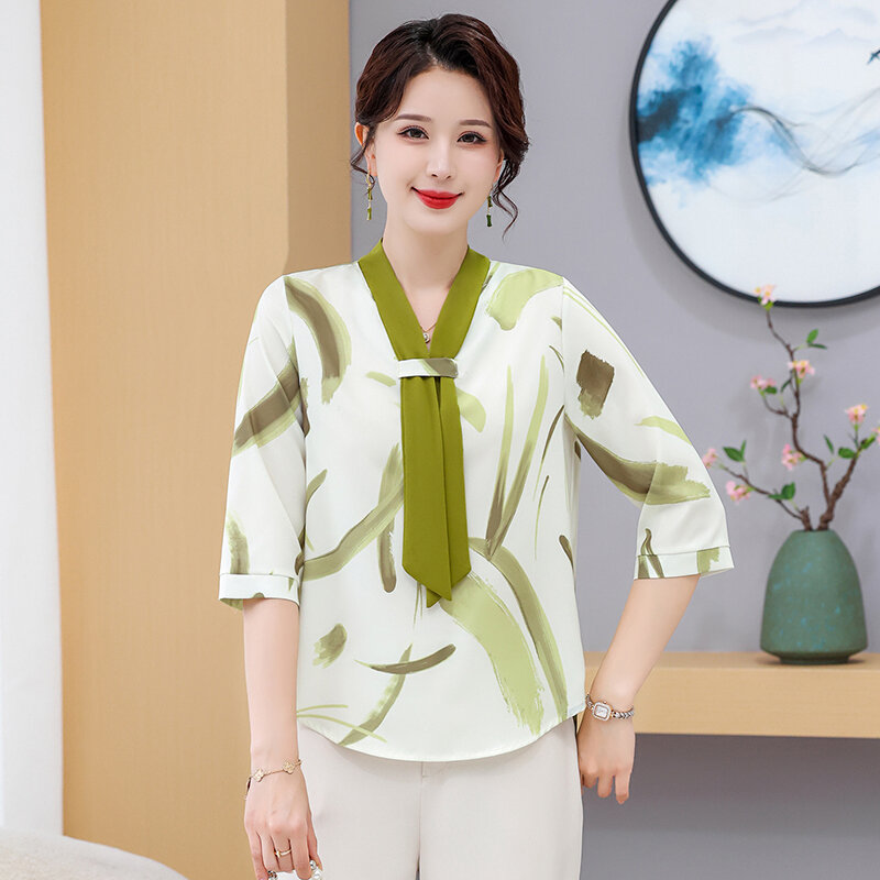 Blusa holgada con estampado Floral para mujer, camisa informal con cordón y cuello de bufanda, manga 3/4, elegante, primavera y verano