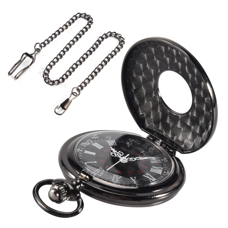 Vintage Steampunk Black Roman Numerals Necklace Quartz Pendant Pocket Watch Gift