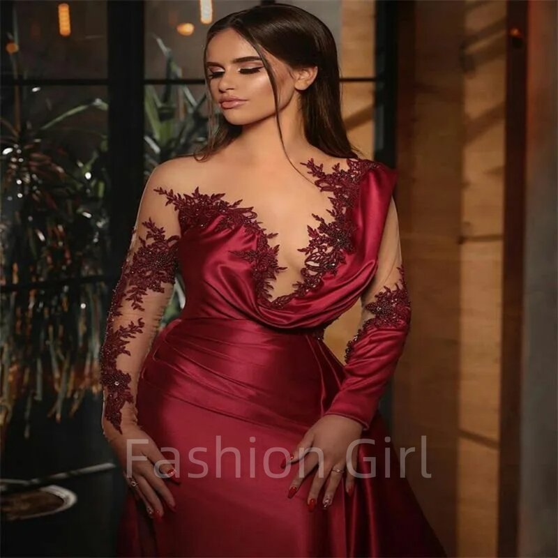 Encantadores vestidos de noite formais vermelhos, vestidos de baile de cetim Ruched, vestido de festa, mangas compridas sexy, 2024