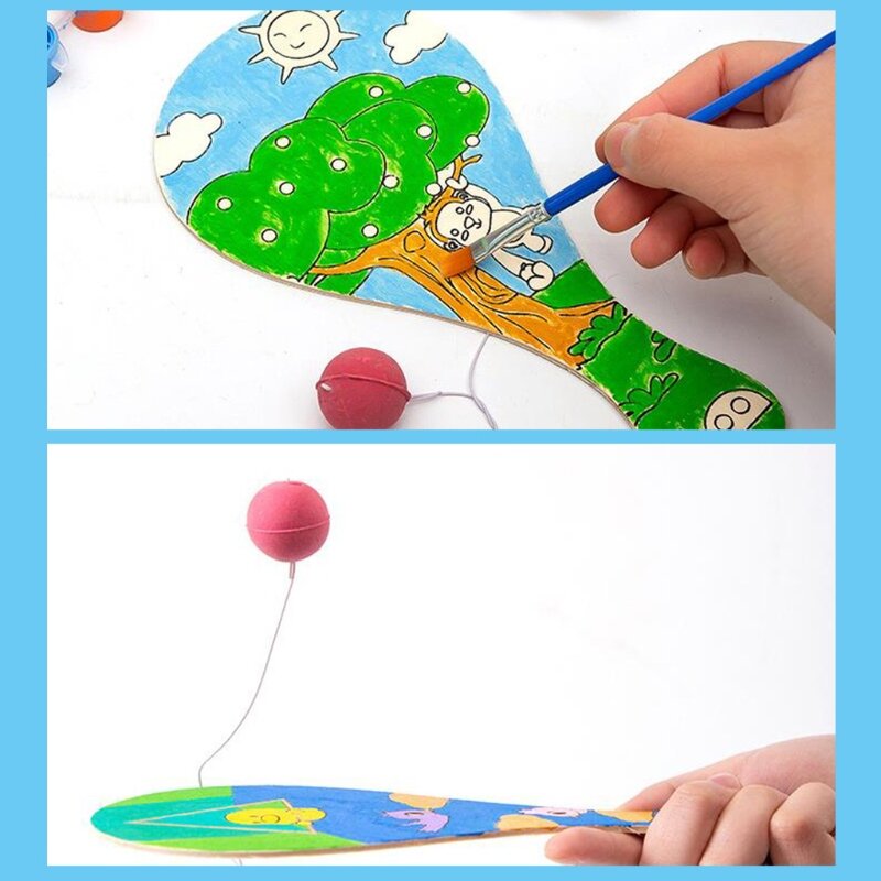 Raqueta pintada a mano con cuerda y pelota, juguete entrenamiento deportivo, manualidades DIY para niños y niñas