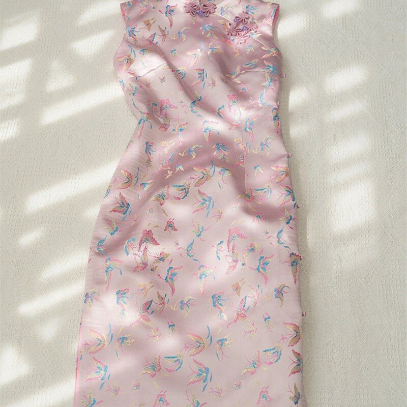 Женское приталенное платье-Ципао, элегантное розовое платье в китайском стиле