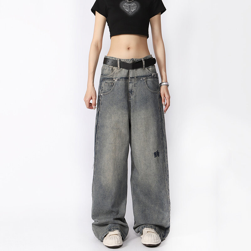 Джинсы-Багги женские с двойной заниженной талией, свободные брюки из денима с широкими штанинами и вышивкой в винтажном стиле бойфренда, уличная одежда, синие, Y2K