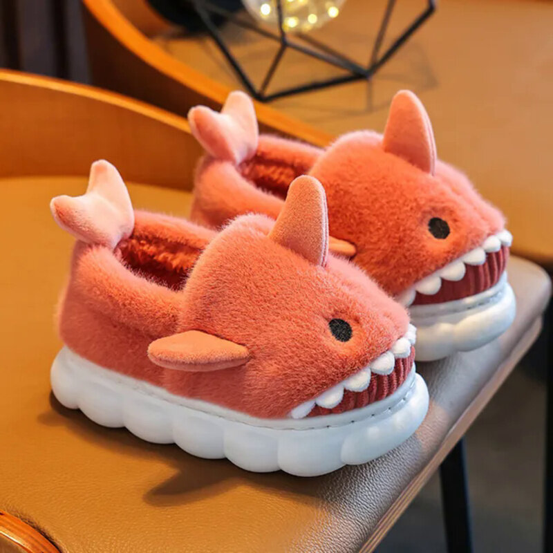 Children Cute Cartoon Shark Slippers Winter Heel Wrap Home Shoes Non-Slip Soft Sole Kids Boys Girls Warm Plush Shoes