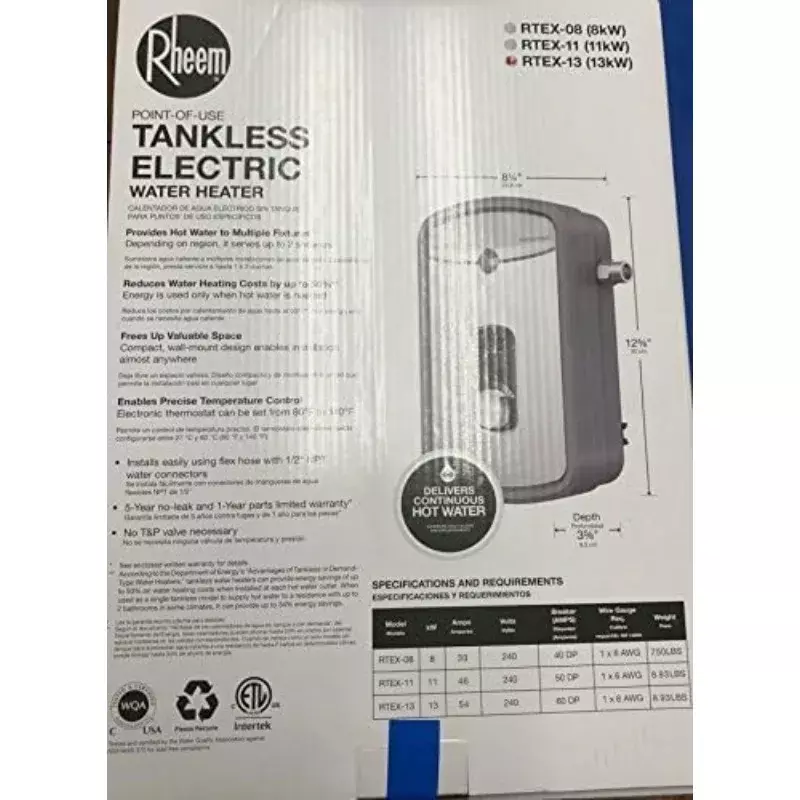 Rheem-calentador de agua residencial sin tanque, 240V, cámara de calefacción, RTEX-13, gris