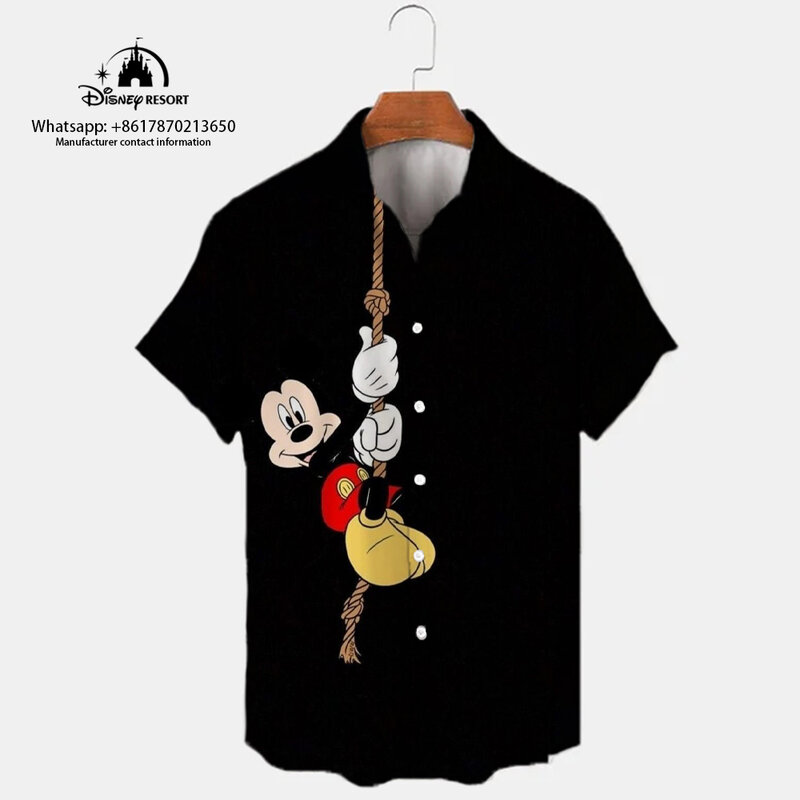 Модная однобортная рубашка в уличном стиле Харадзюку, новинка 2024, Повседневная рубашка с 3D отложным воротником и короткими рукавами, принтом Микки, Y2K