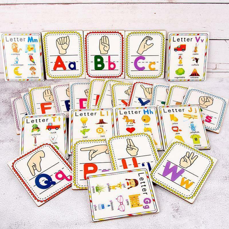 子供のためのカラフルな木製の両面アルファベットフラッシュカード、ジェスチャーカード、ホリデーギフト、26個、3-7