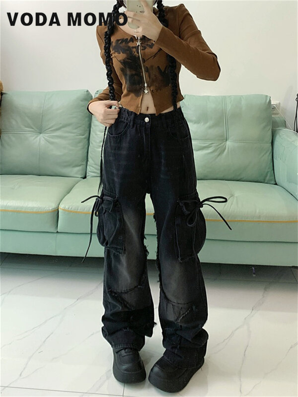 Lente Zomer Design Zin Mode Y 2K Esthetiek Cargo Jeans Baggy Retro Esthetische Hoge Taille Broek Vrouwen Harajuku Denim Basic