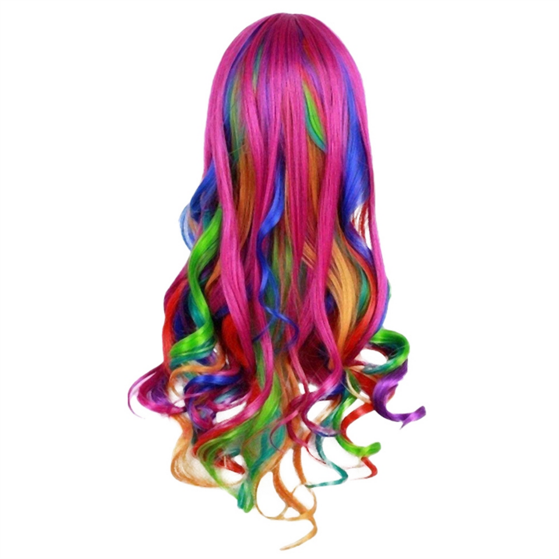 Lady Rainbow Long Curly Wigs Fashion Cosplay Costume Hair Anime Full Wavy Party Wig 70cm