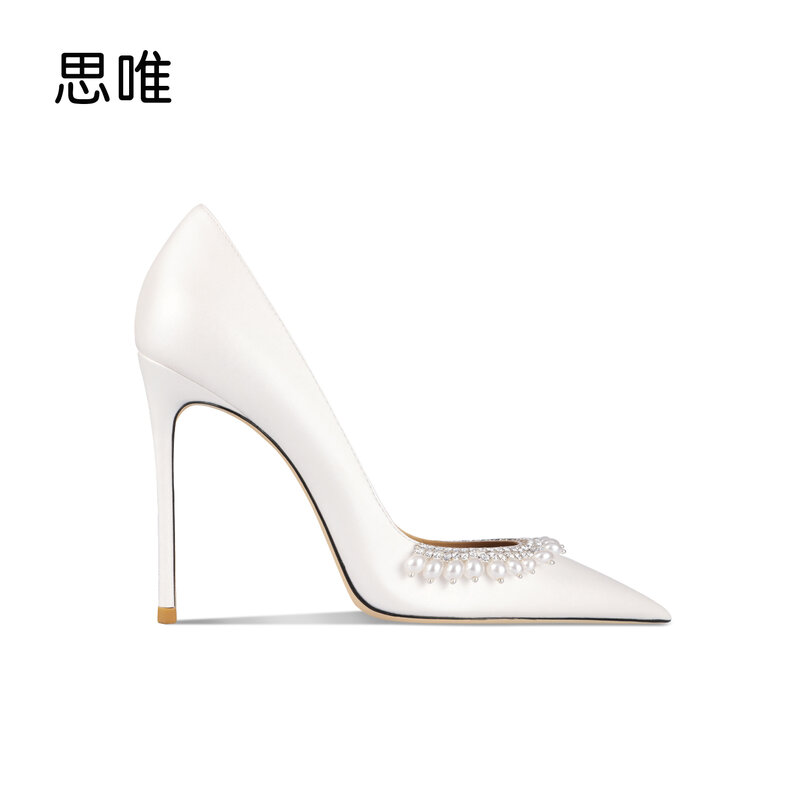 Sepatu mutiara untuk wanita 2023 ujung runcing Stiletto sepatu hak tinggi putih sepatu pengantin pernikahan elegan sepatu pesta dansa dengan kotak 8cm
