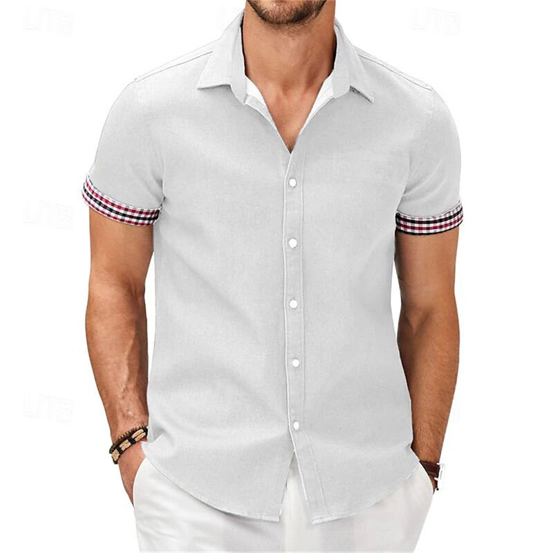 2024 Summer New Men's Business Casual Solid Color Printed Shirt Outdoor Street Work Suit Flip Collar Short Sleeve Men's Top