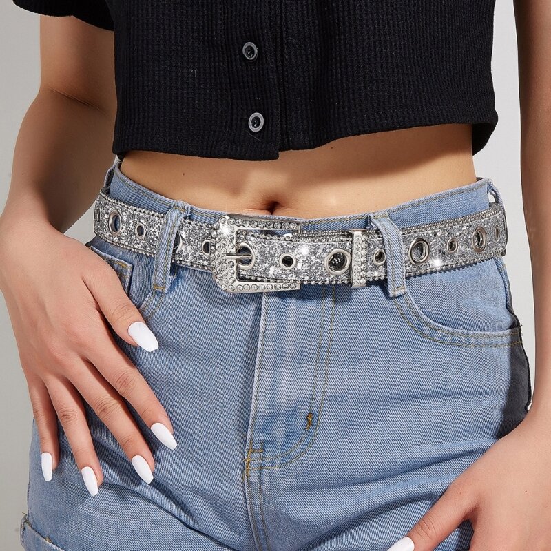 Punk Rhinestone Buckle Belts para mulheres e homens, locomotiva Full Sequins cintos, Western Cowgirl Y2K Girls cinto para jeans