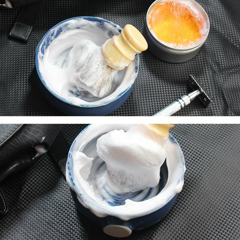 Taza de afeitar de cerámica para hombres, tazón, taza, hilo inferior, boca ancha, cepillo de afeitar y jabón de afeitar, azul oscuro