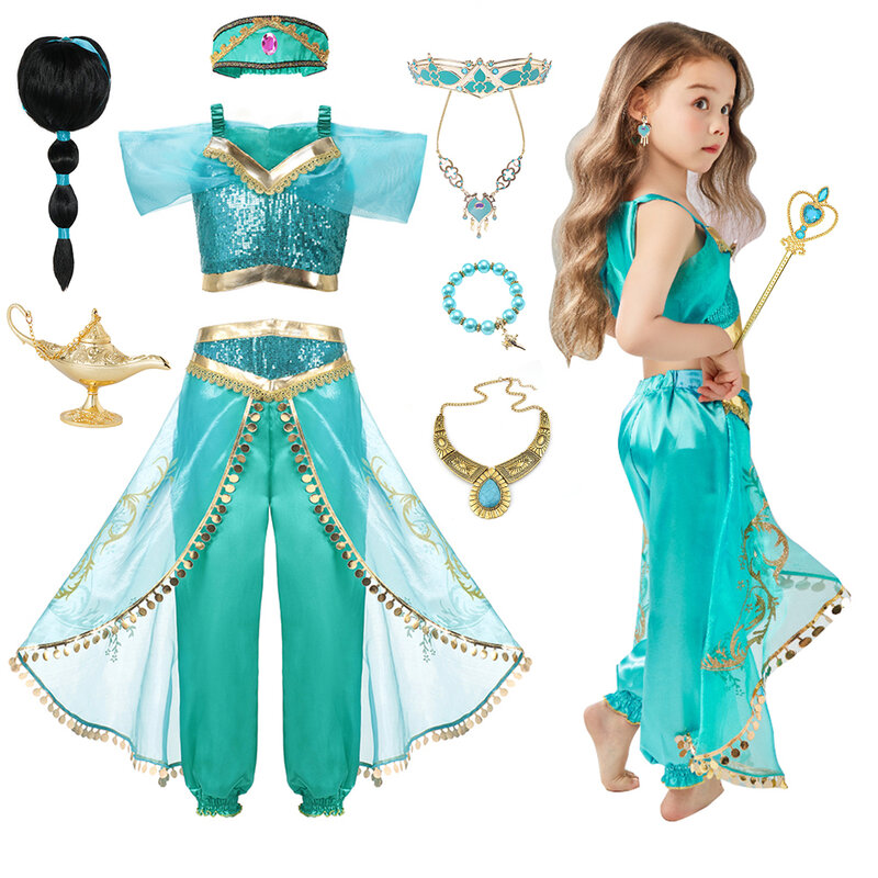 Disfraz de Jasmine de Disney para niña, conjunto de pantalones de lámpara mágica de princesa Aladdín, ropa de carnaval, Vestidos de fiesta de Halloween, disfraz de Cosplay