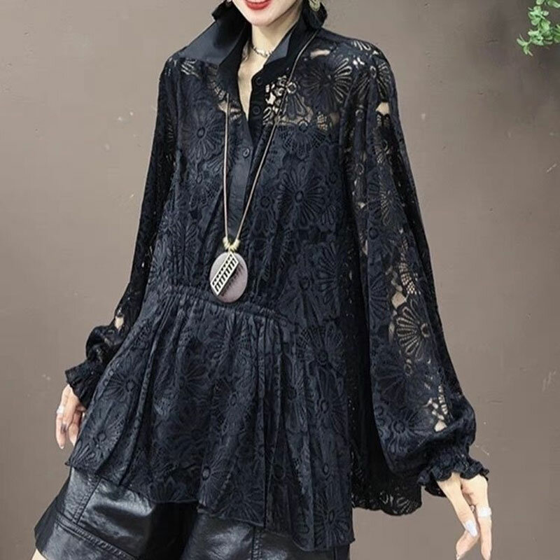 Stylish Lace Hollow Out Shirt Turn-down Collar Summer Long Sleeve Women's Clothing Button Solid Color Vintage Shirring Blouse