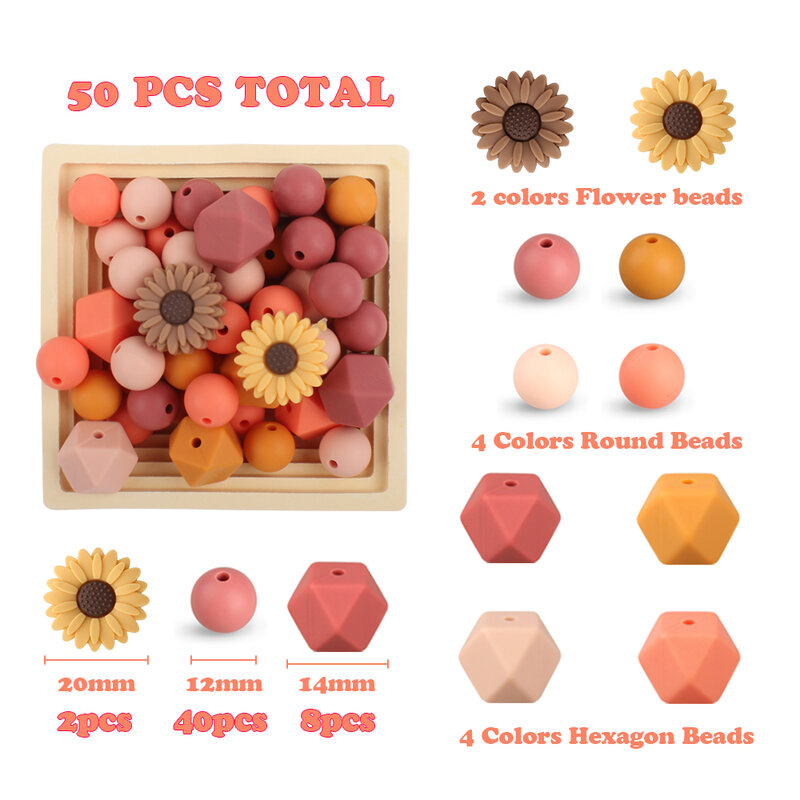 Perles de dentition en silicone pour bébé, 50 pièces/ensemble, clips de sucette, fleur en forme hexagonale, DIY