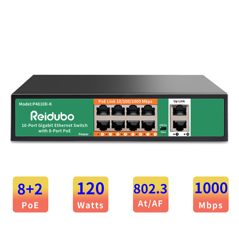Коммутатор с 8 портами Gigabit PoE с 2 гигабитными исходящими чернилами, 1000 Мбит/с неуправляемый сетевой коммутатор PoE Ethernet, 120 Вт, Plug & Play, VLAN