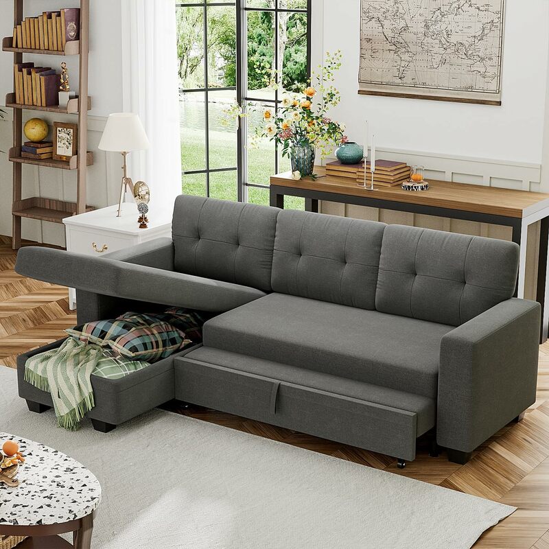 Sofa Bed Reversible Convertible Sleeper Pull Out Couches with Storage Chaise, Linen Fabric Furniture for Room, Dark Gray, 1 Set